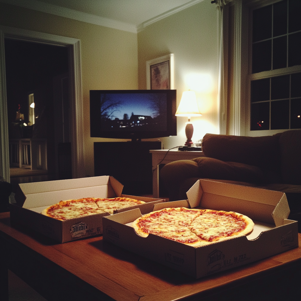 Two boxes of pizza on a coffee table | Source: Midjourney