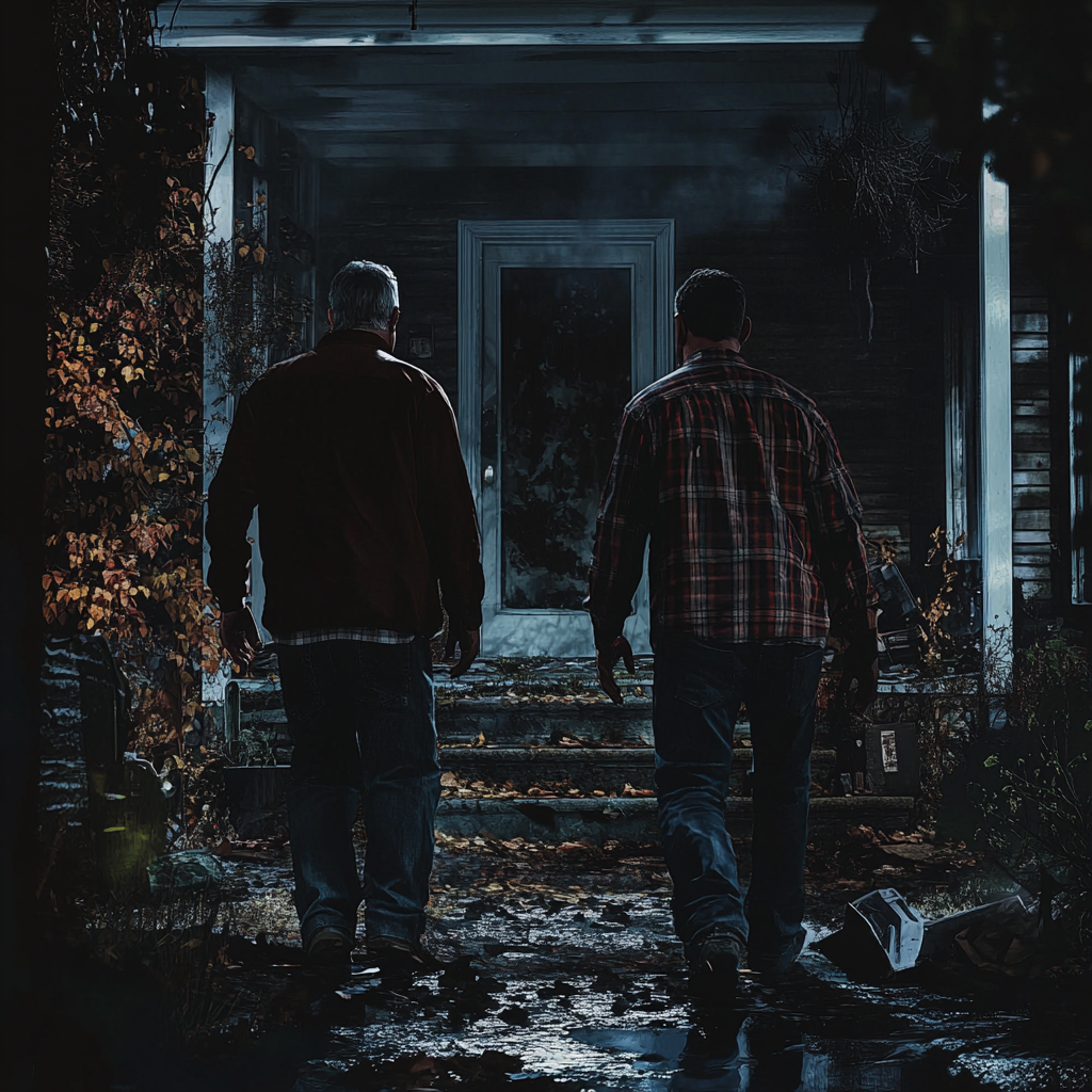 Two men coming up to a house | Source: Midjourney