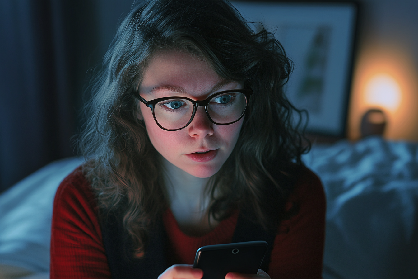 A woman looking away from the phone in her hands | Source: Midjourney