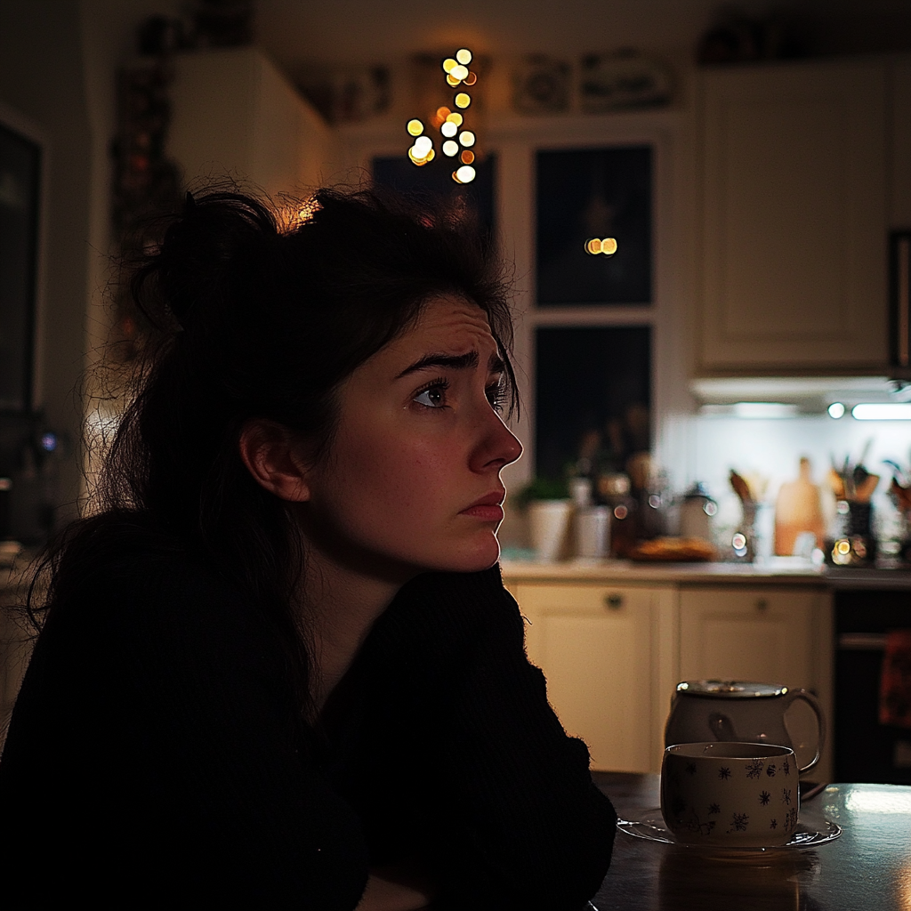 A woman sitting at a kitchen island | Source: Midjourney