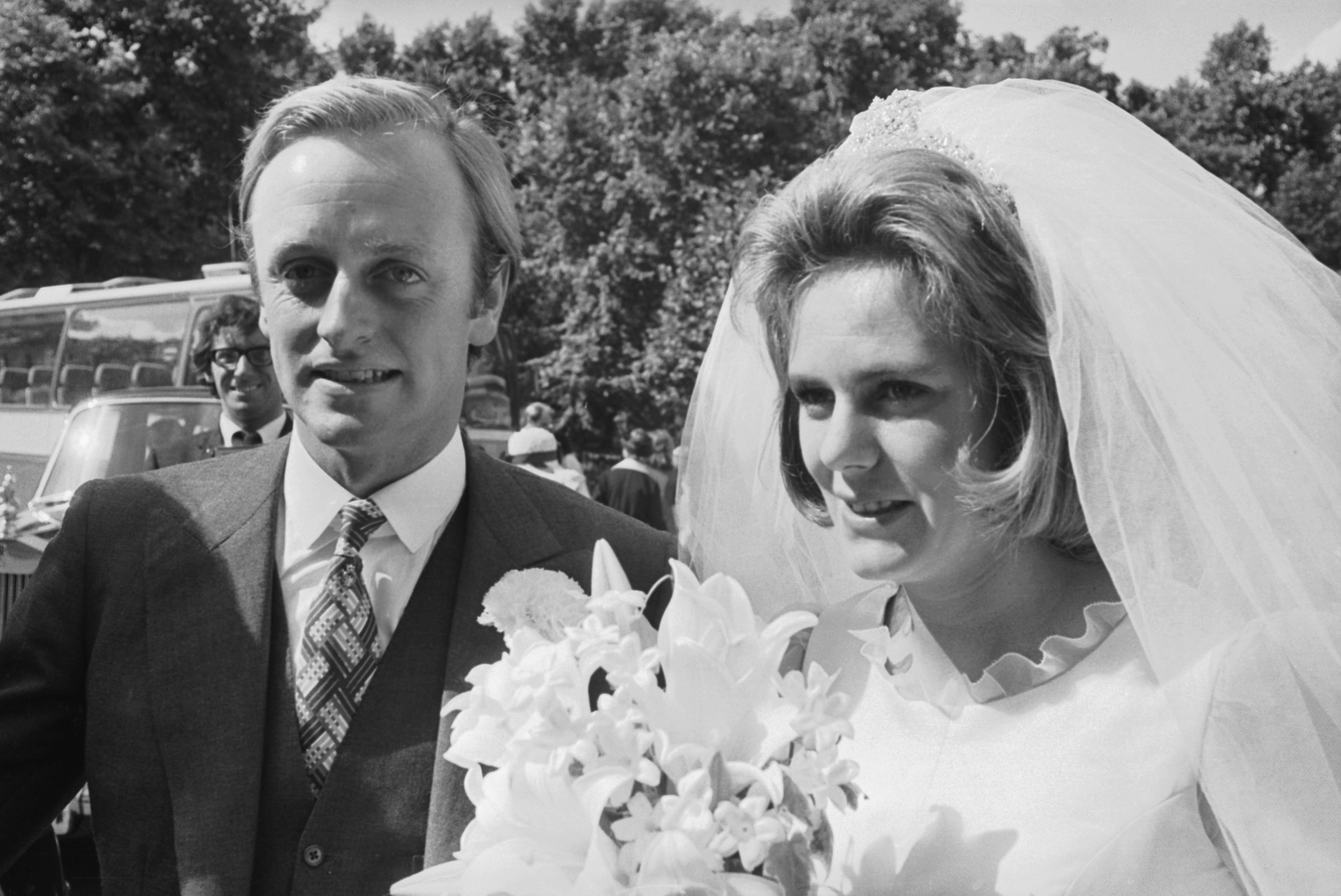 Major Andrew Parker-Bowles and Camilla Shand on their wedding day at the Guards Chapel, Wellington Barracks, on July 4 1973 | Source: Getty Images