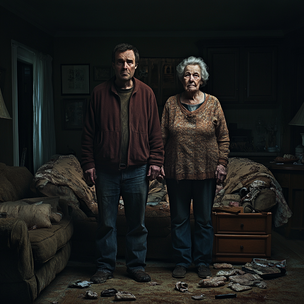 A man and his elderly mother standing in a room | Source: Midjourney