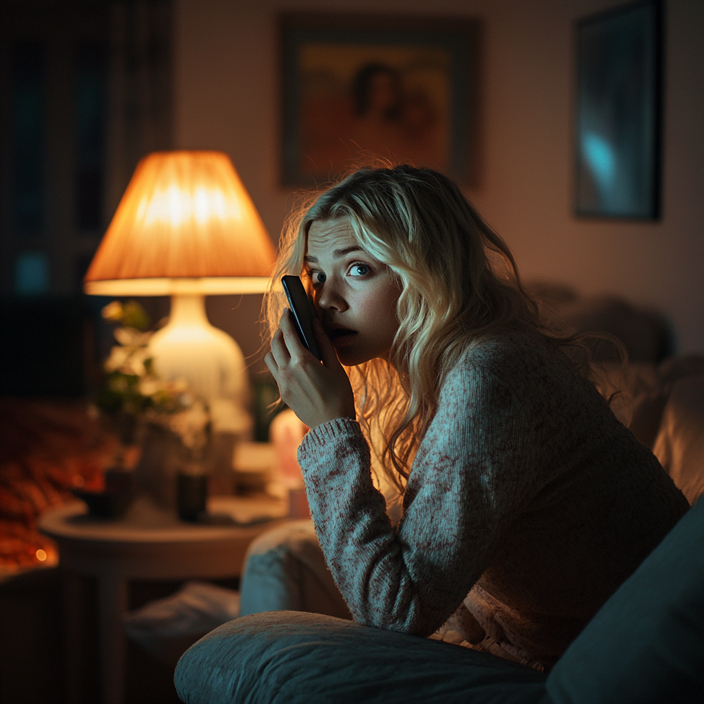 A scared woman talking on her phone | Source: Midjourney