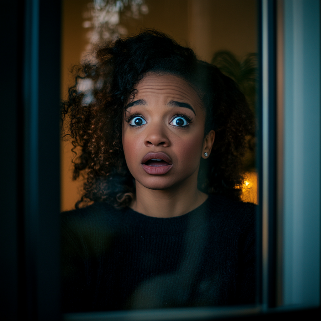 A shocked black woman looking through the window | Source: Midjourney