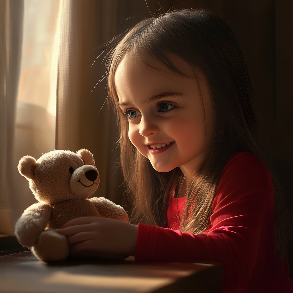 A cheerful little girl playing with her teddy bear | Source: Midjourney