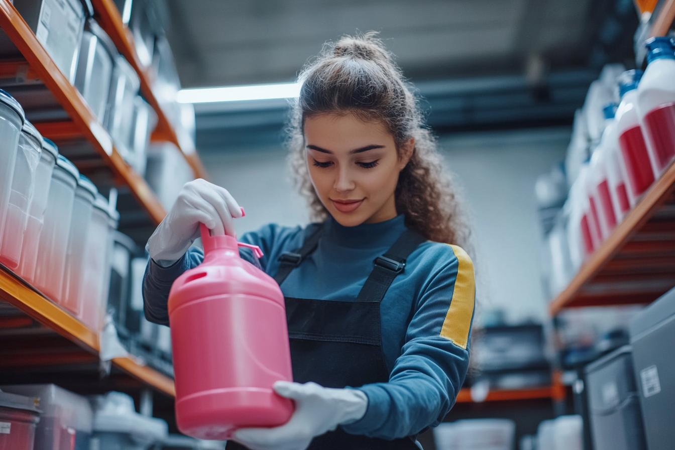 A young woman holding a can of cleaning liquid | Source: Midjourney