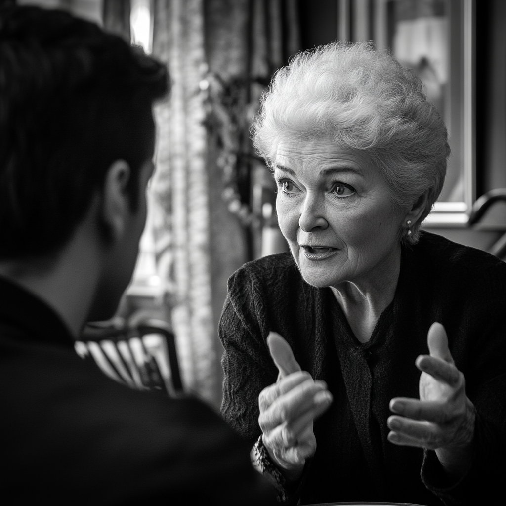 Senior woman talking to her son | Source: Midjourney