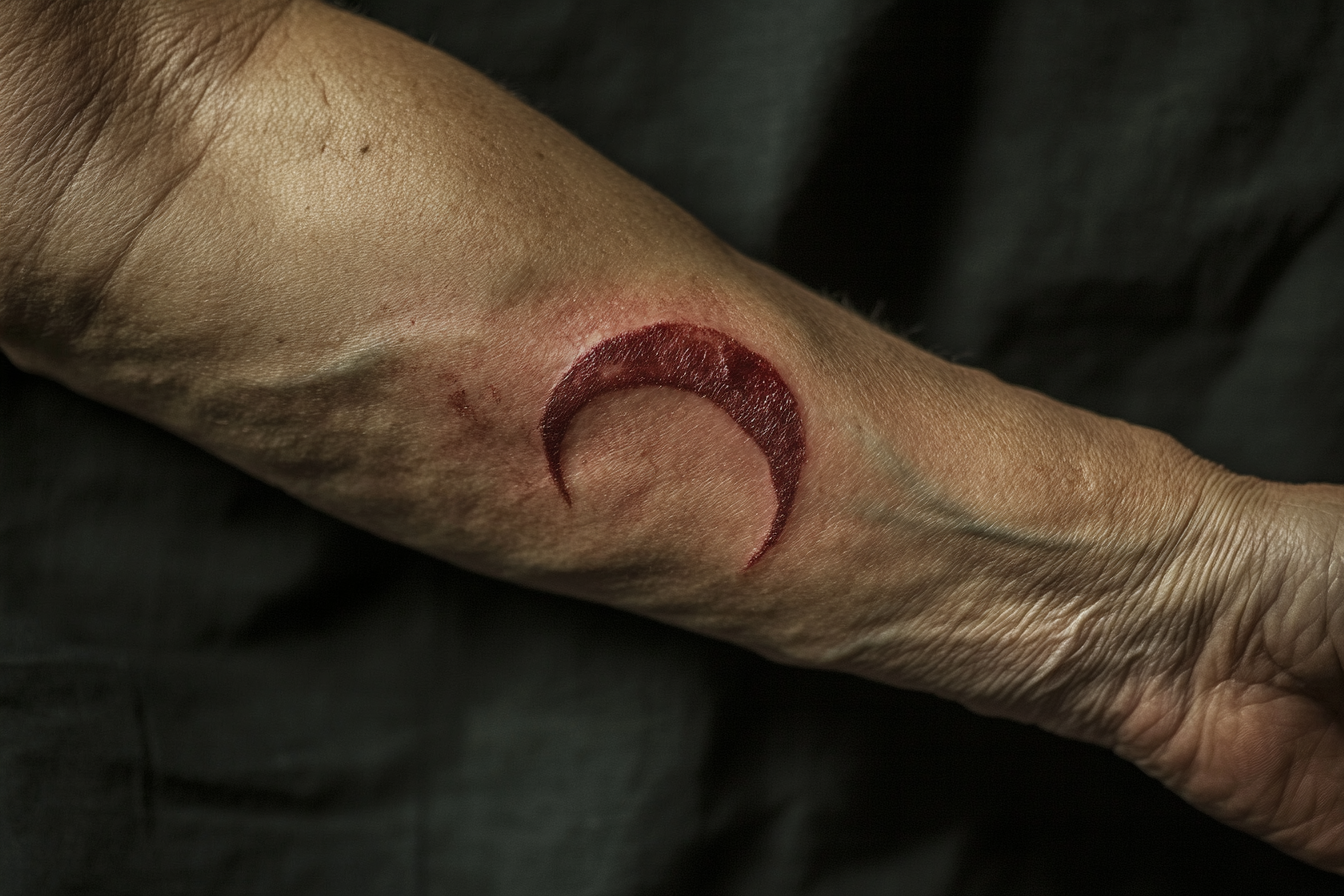 A red crescent-shaped scar on a woman's arm | Source: Midjourney