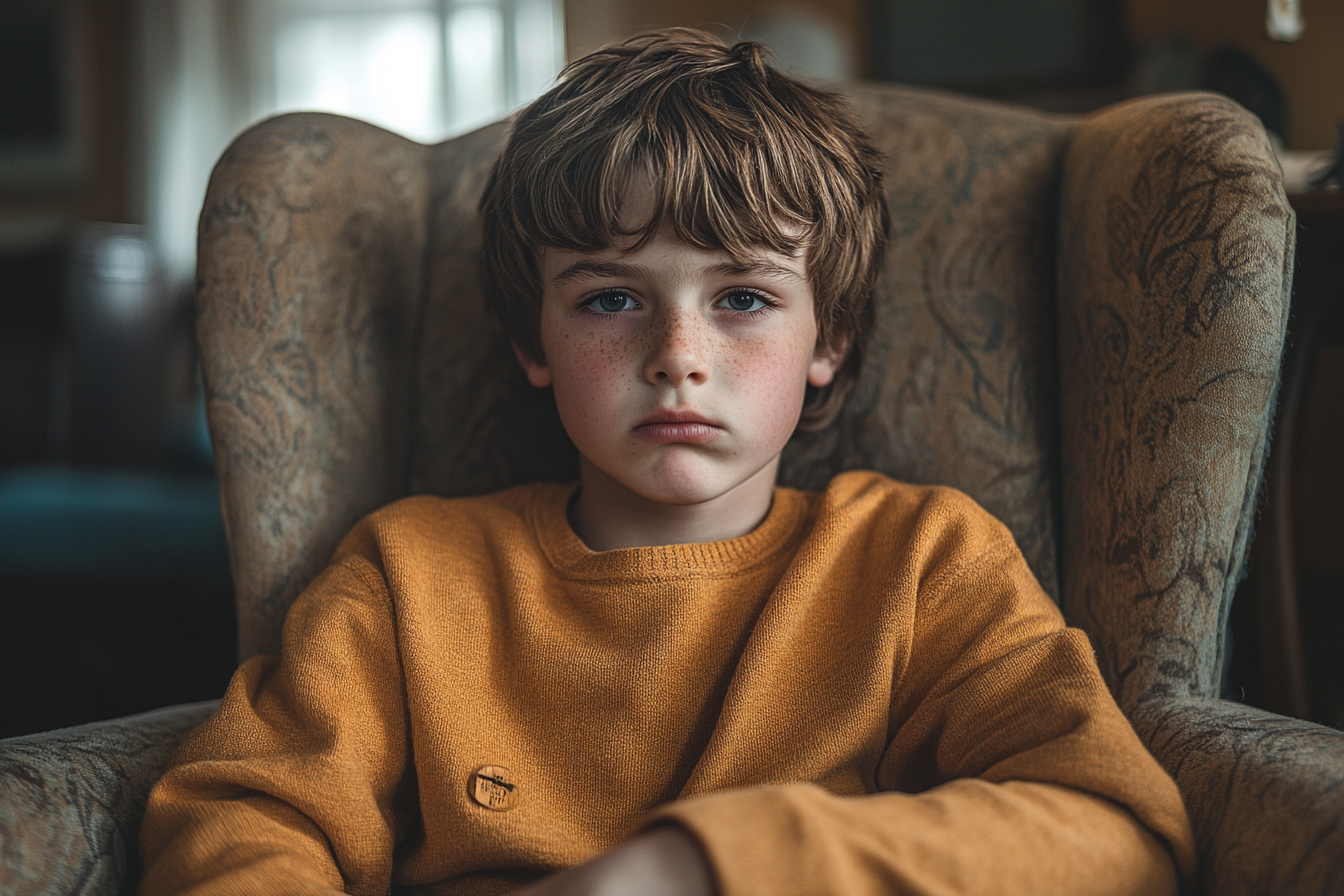 A boy sitting in his living room, frowning | Source: Midjourney