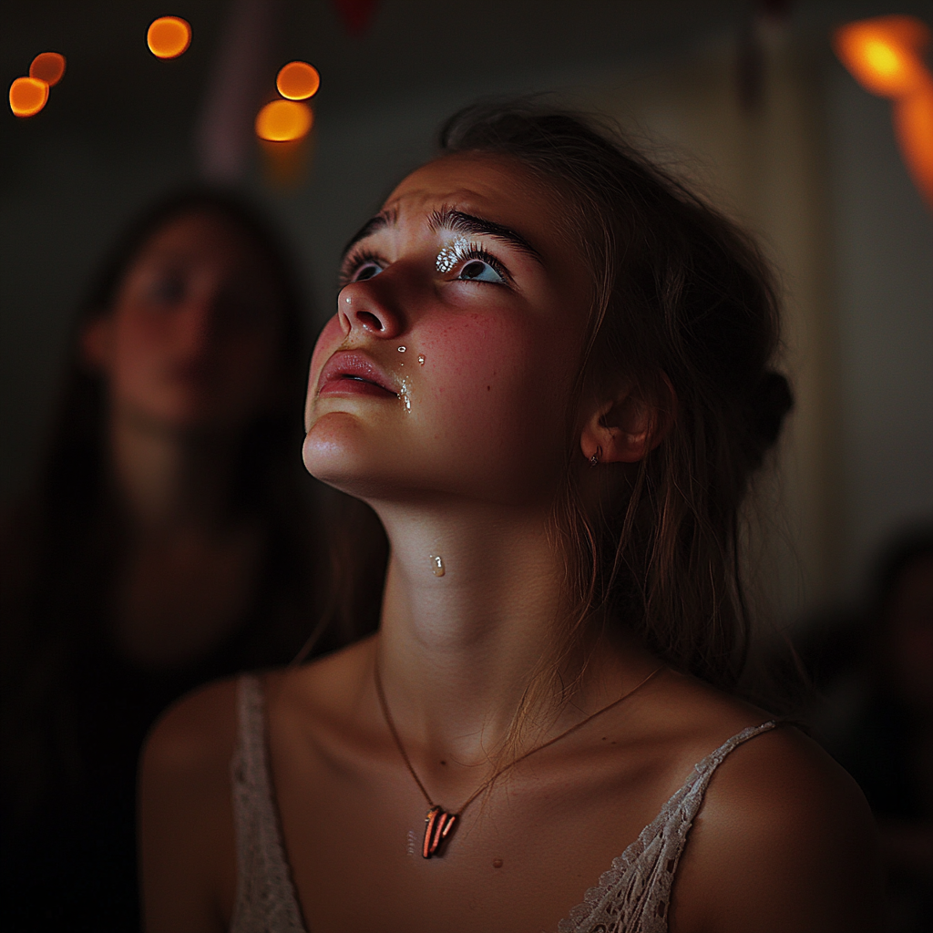 A nearly crying girl at her birthday party | Source: Midjourney