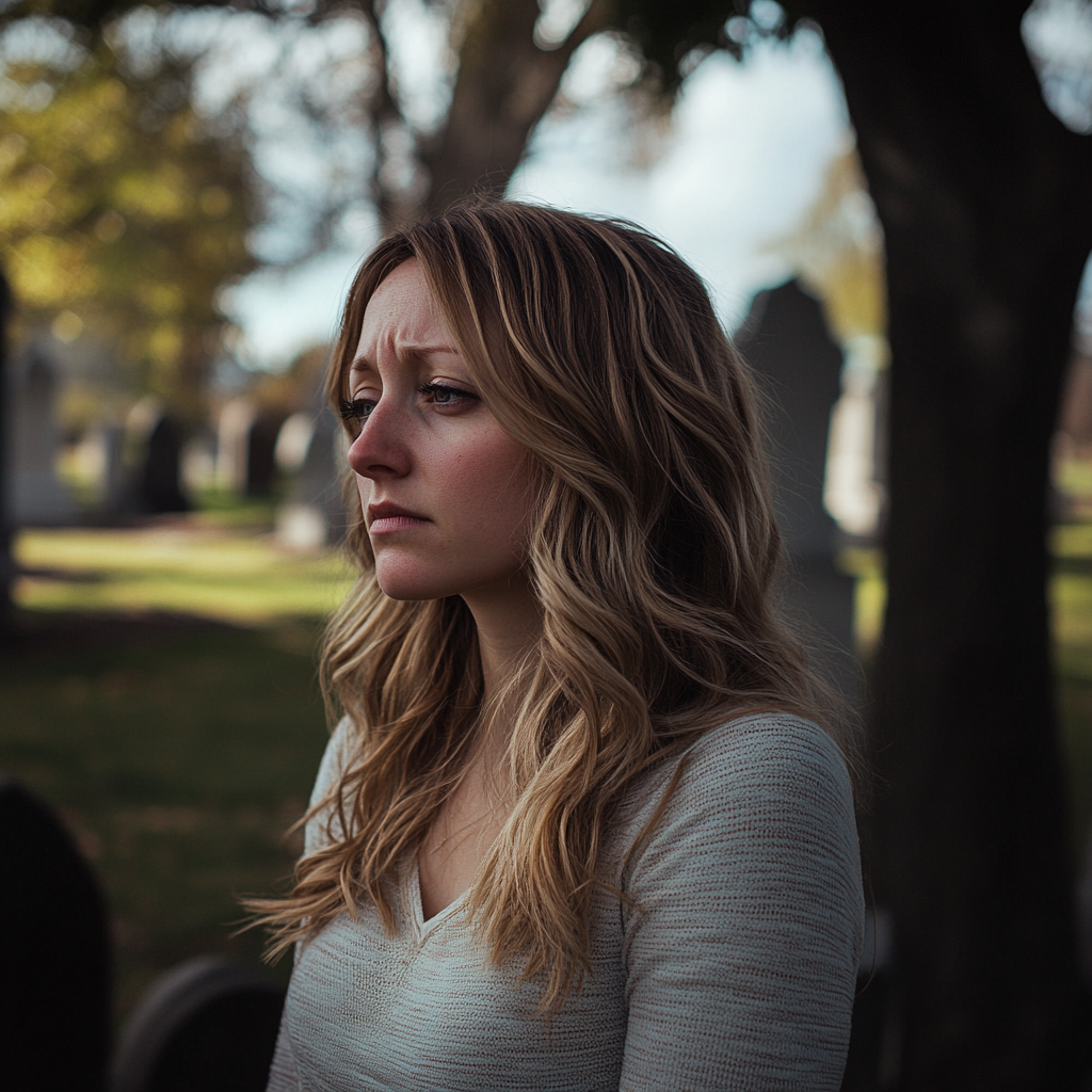 A sad woman standing in a cemetery | Source: Midjourney