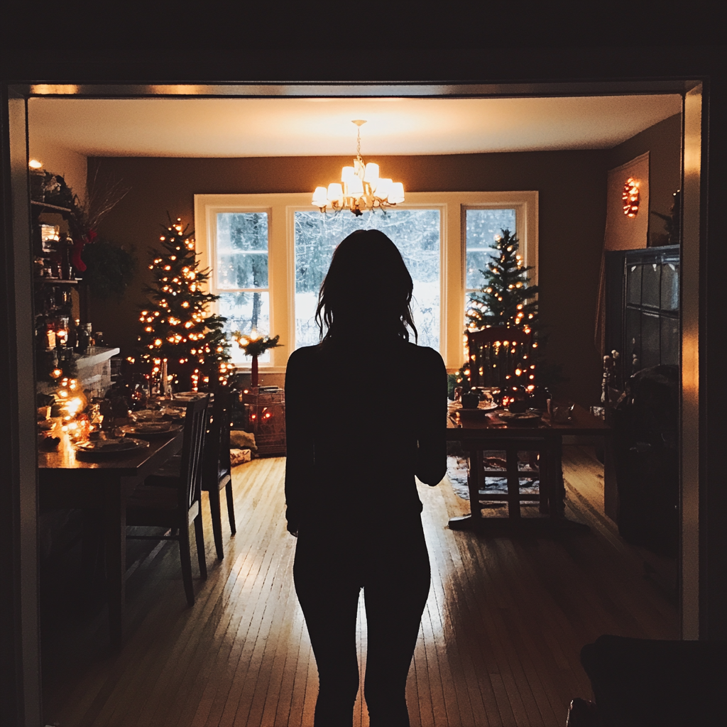 A woman standing away from a dinner table | Source: Midjourney