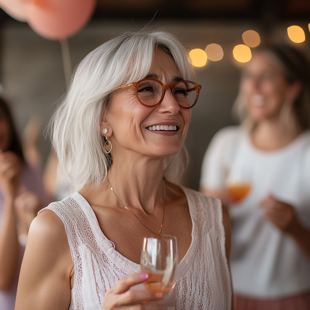 A happy woman talking at a birthday party | Source: Midjourney