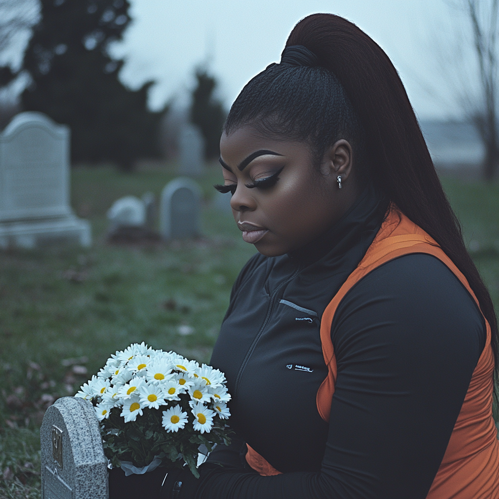 Lizzy placing daisies on her father's gravesite | Source: Midjourney