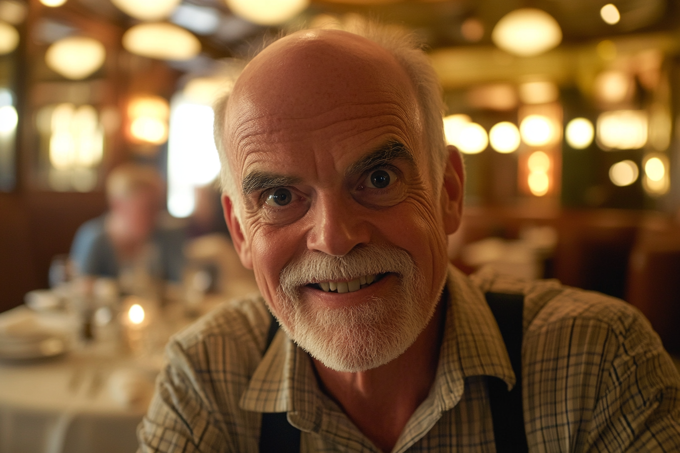 An older man in a restaurant, smiling | Source: Midjourney