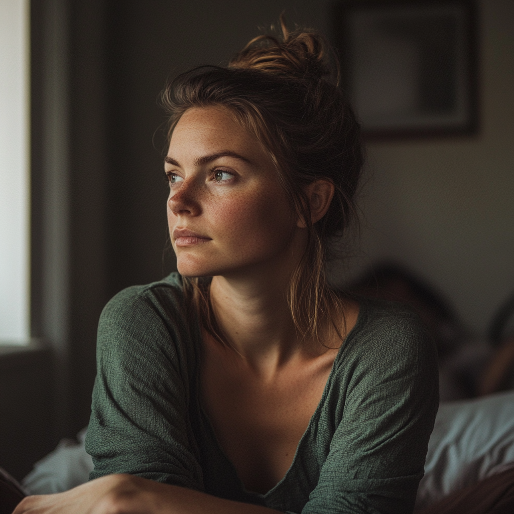 A thoughtful woman sitting in her room | Source: Midjourney