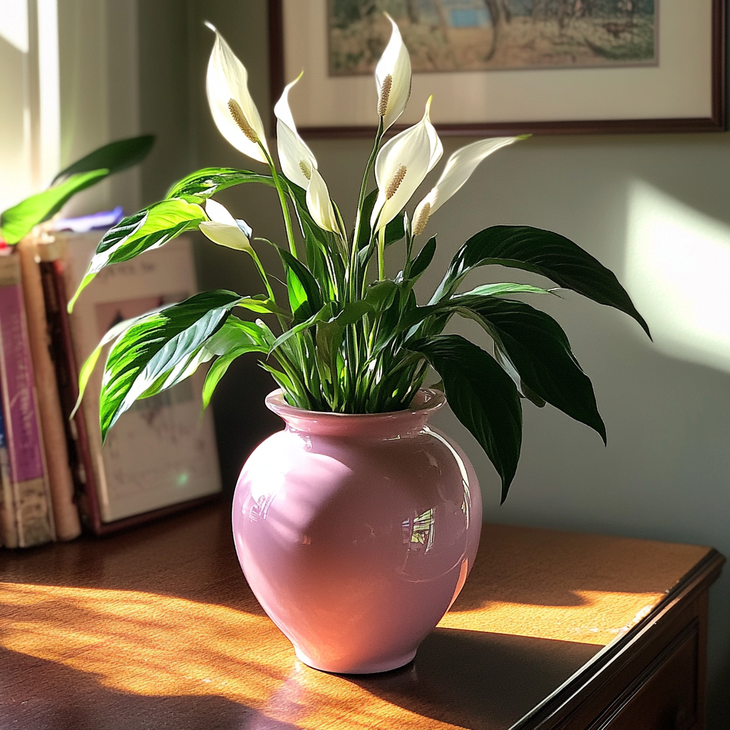 Peace lilies planted into a pink funerary urn | Source: Midjourney