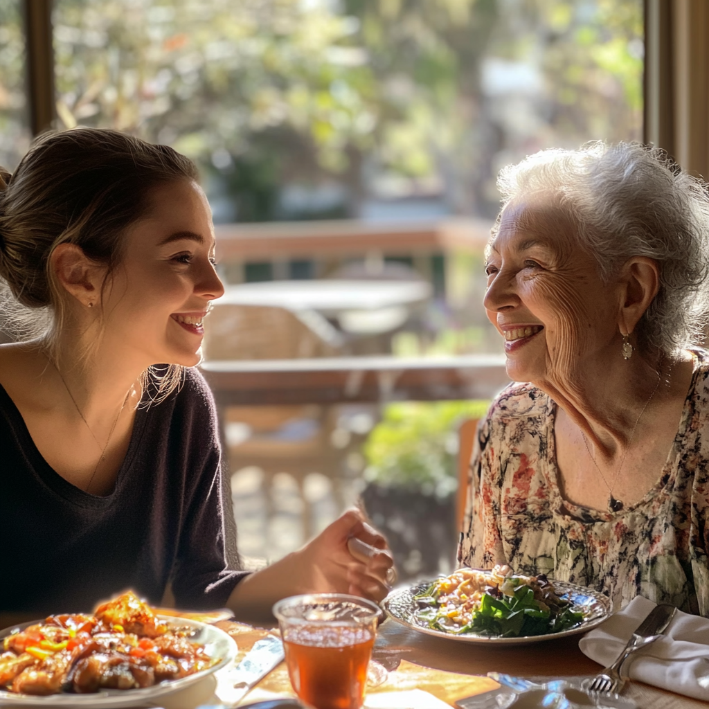 Young lady and senior woman having lunch | Source: Midjourney