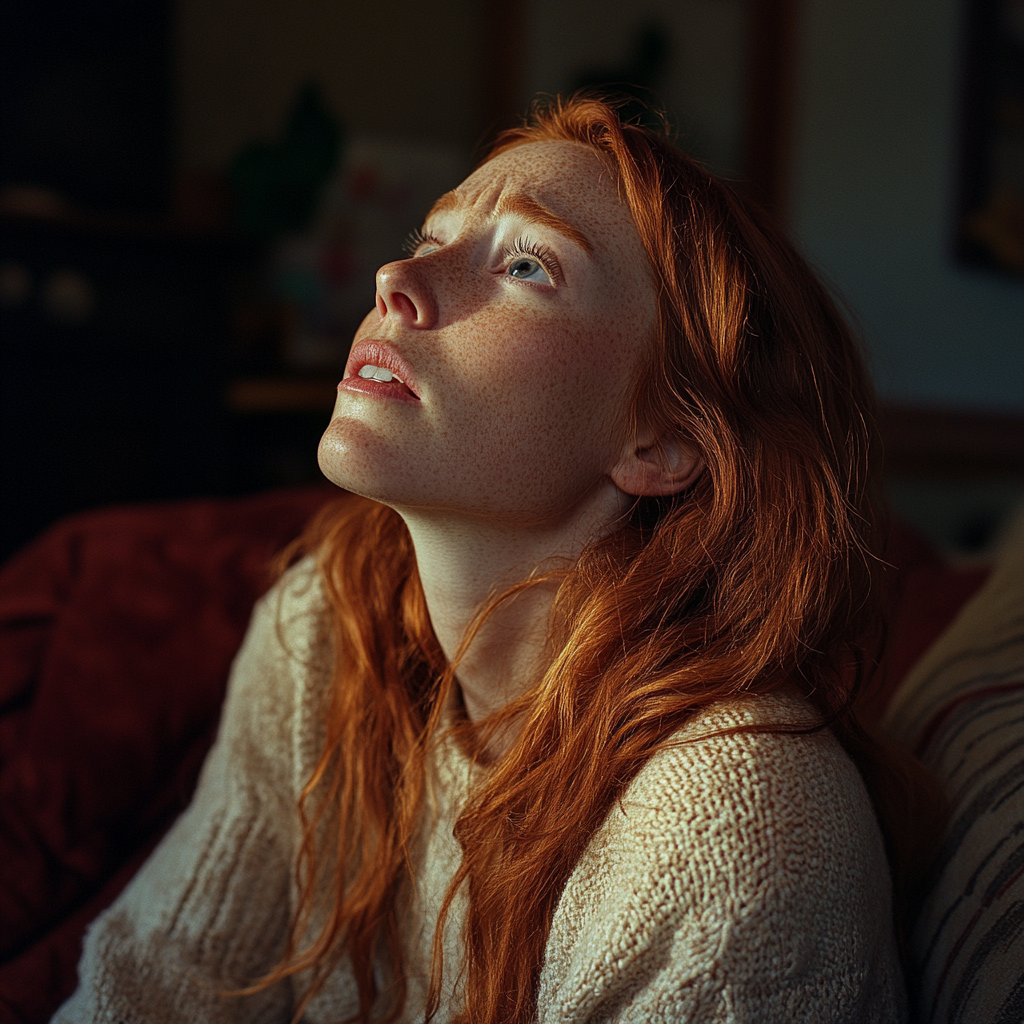 A woman looking up in her home | Source: Midjourney