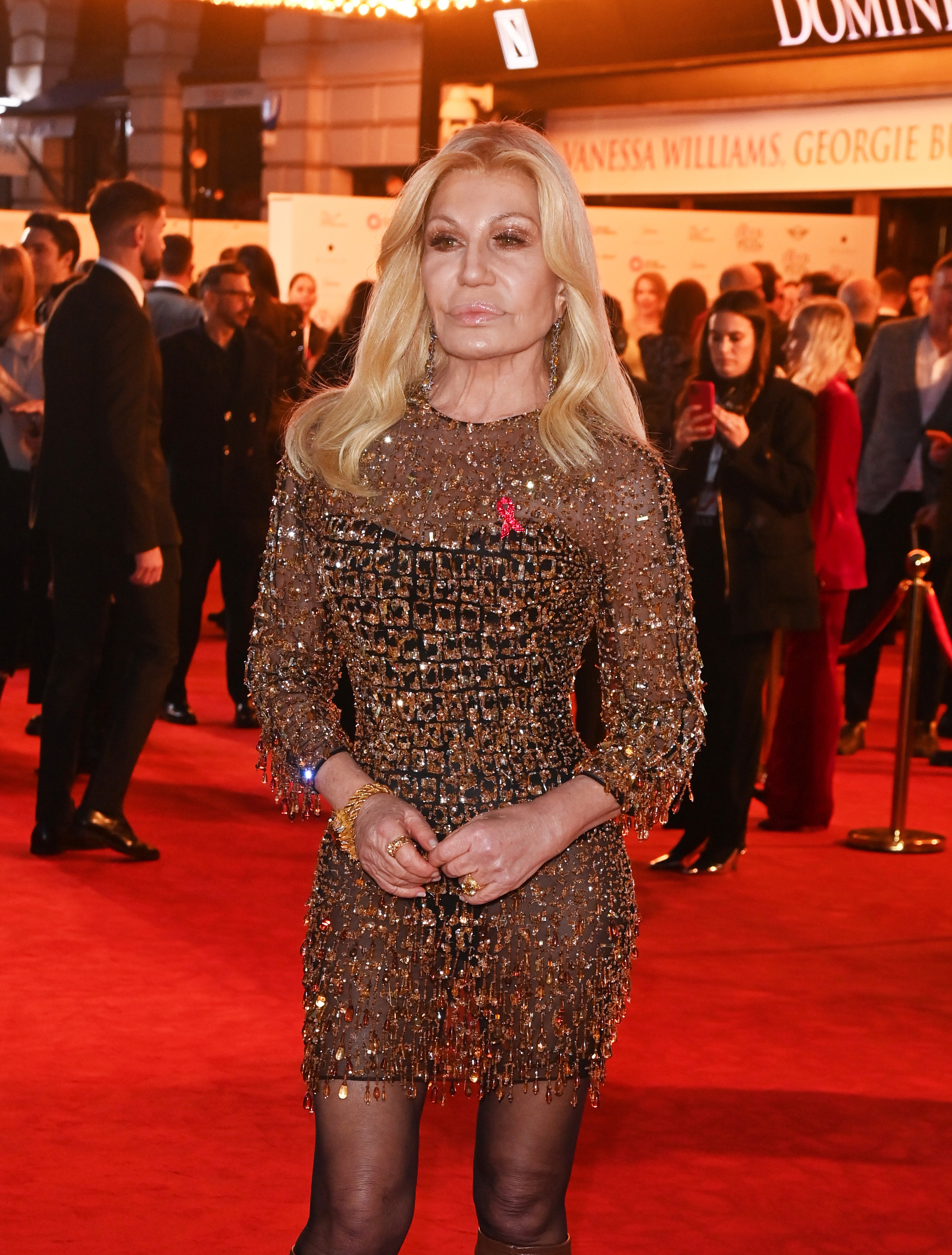 Donatella Versace at the world premiere of "The Devil Wears Prada: The Musical" in London, England on December 1, 2024 | Source: Getty Images