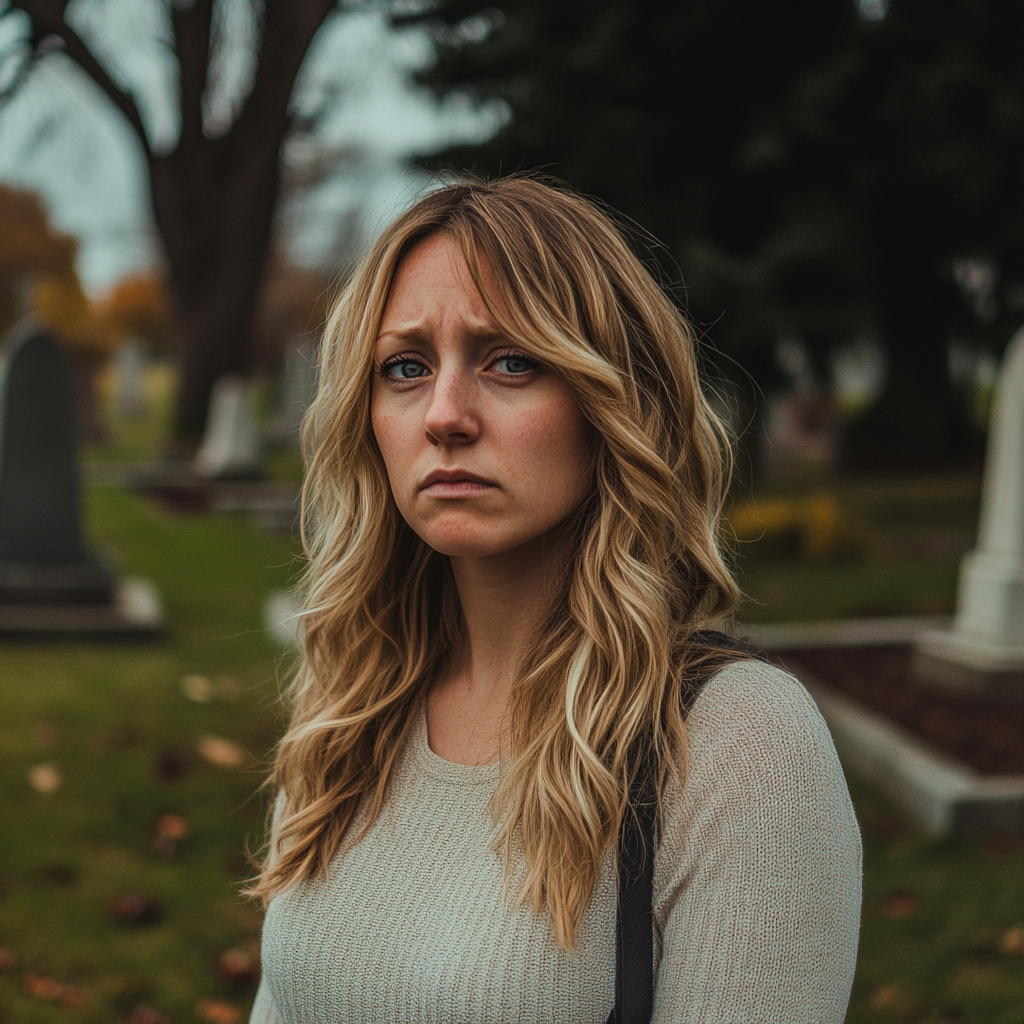 A woman looks angry and hurt while standing in a cemetery | Source: Midjourney