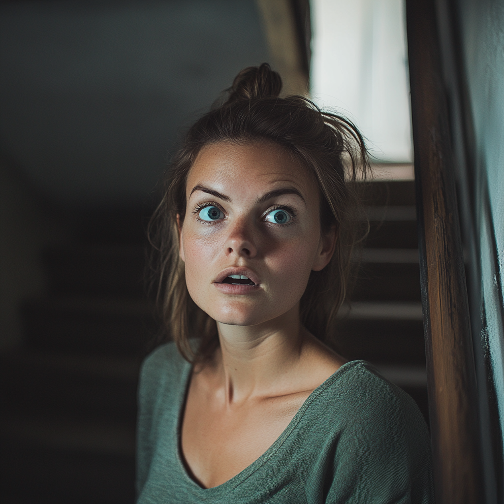 A stunned woman standing on the staircase in the basement of an old building | Source: Midjourney