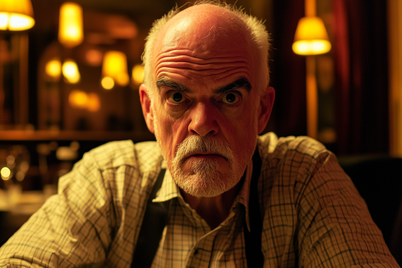 An older man in a restaurant, looking shocked | Source: Midjourney