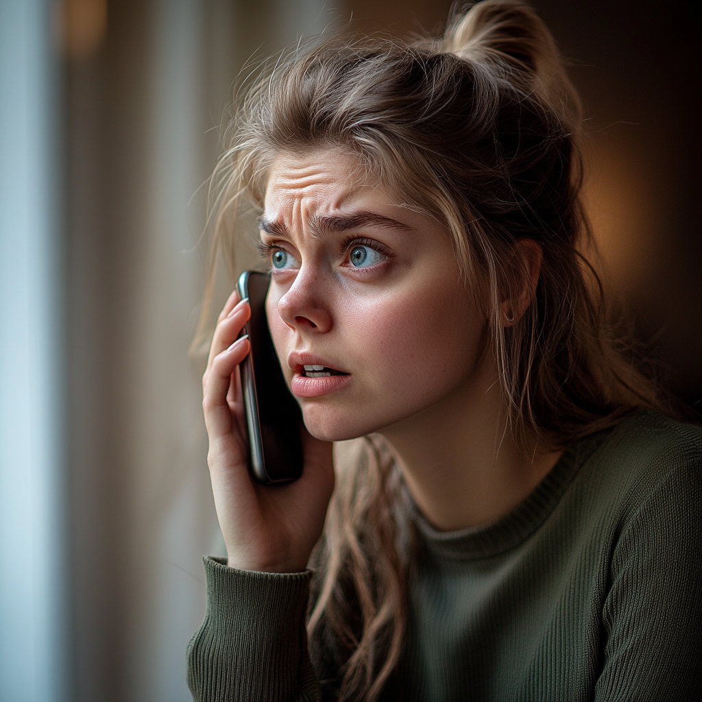 A worried woman talking on her phone | Source: Midjourney