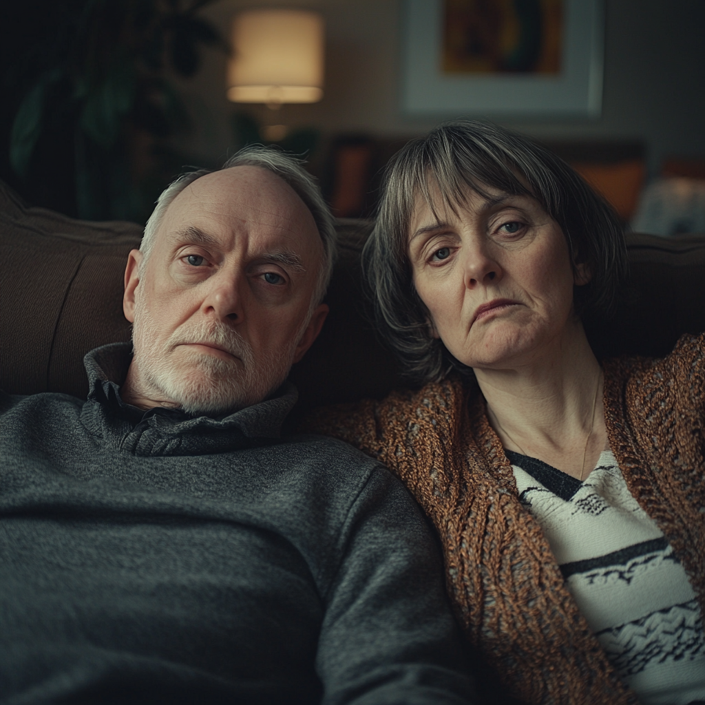 Sad parents in a living room | Source: Midjourney