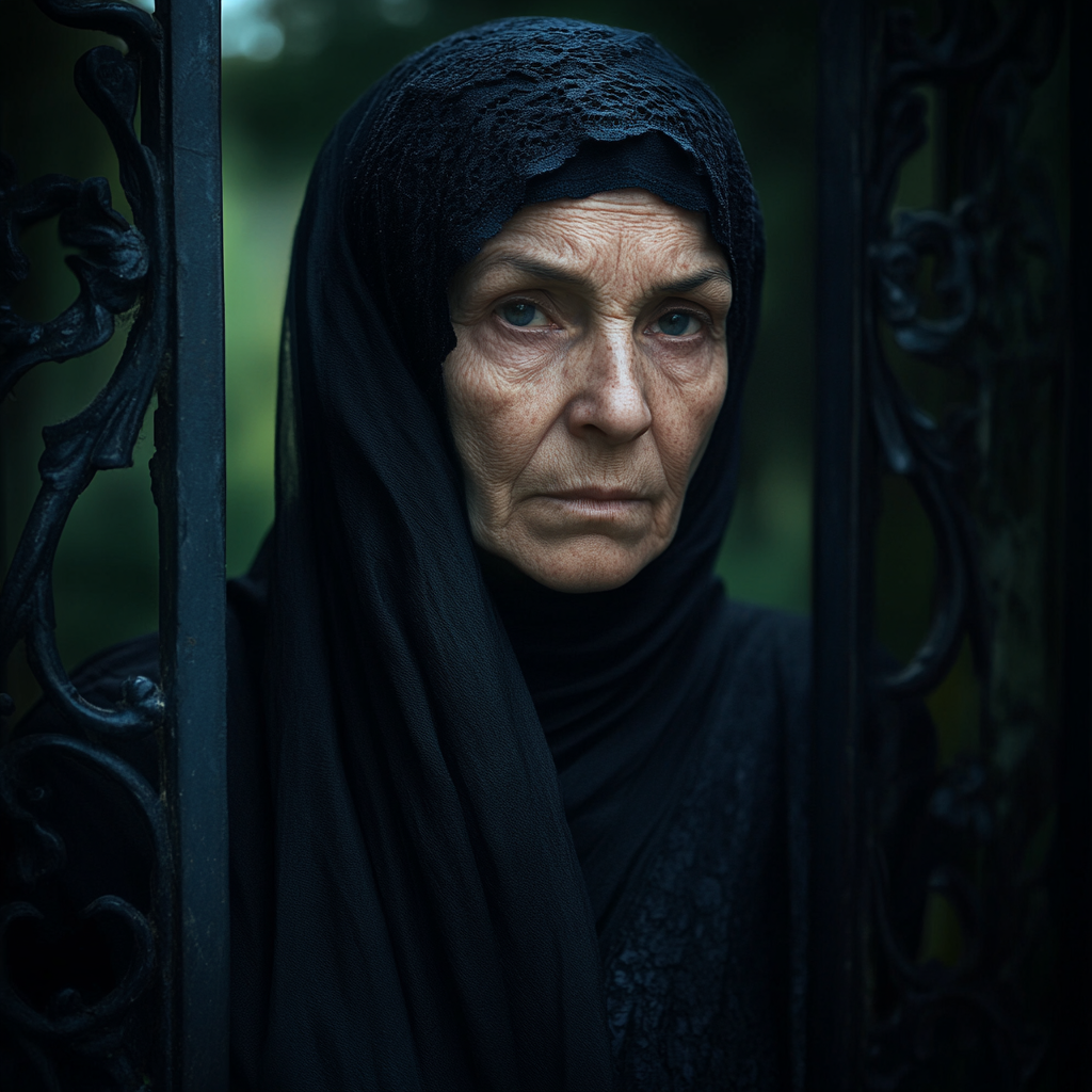 An old woman standing near the gates of the cemetery | Source: Midjourney