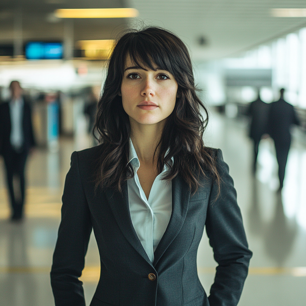 A concerned dark-haired woman in an airport | Source: Midjourney