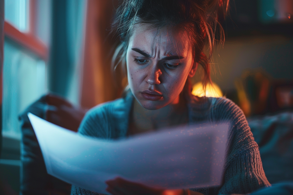 An anxious woman reading a letter | Source: Midjourney