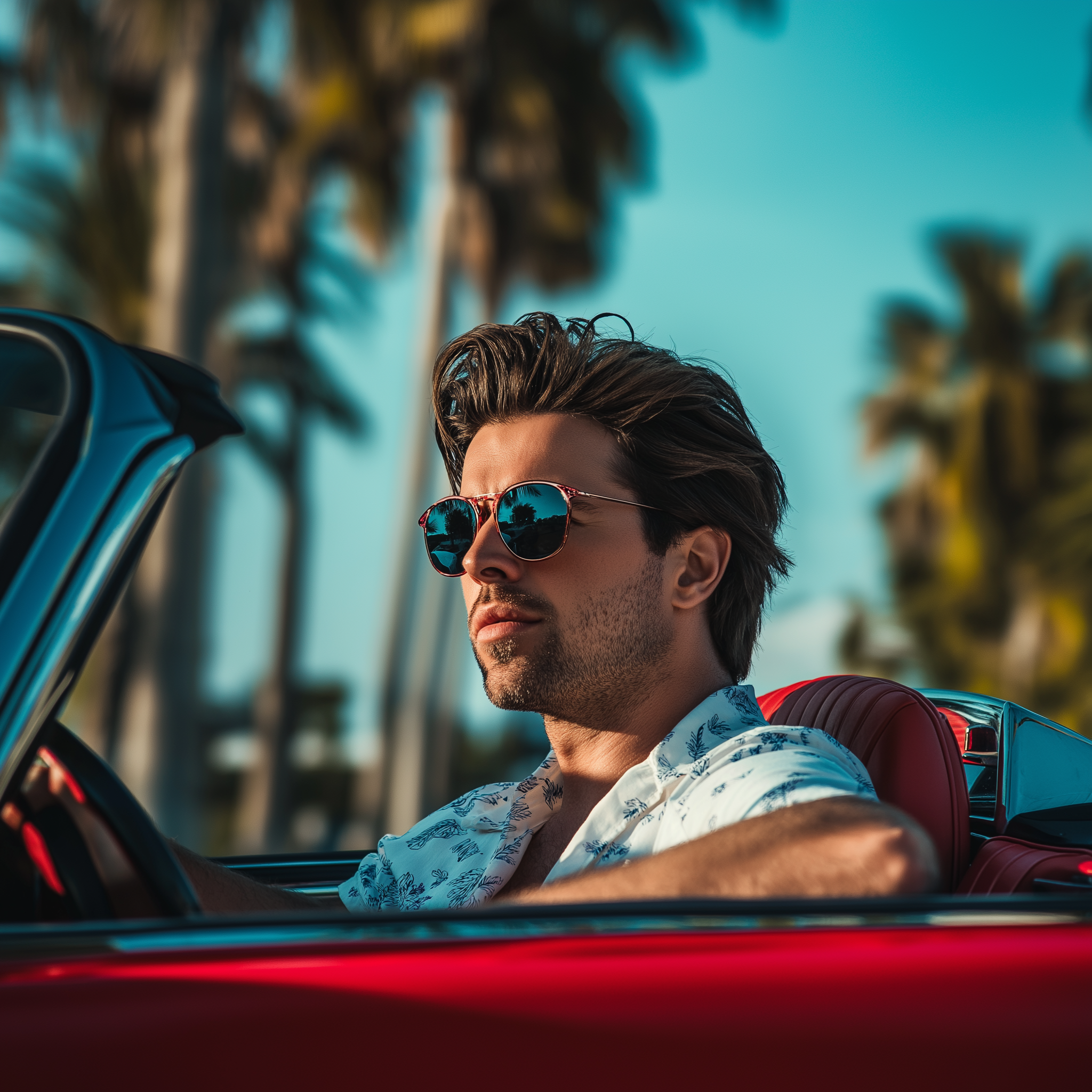 A closeup of a man driving a red convertible | Source: Midjourney