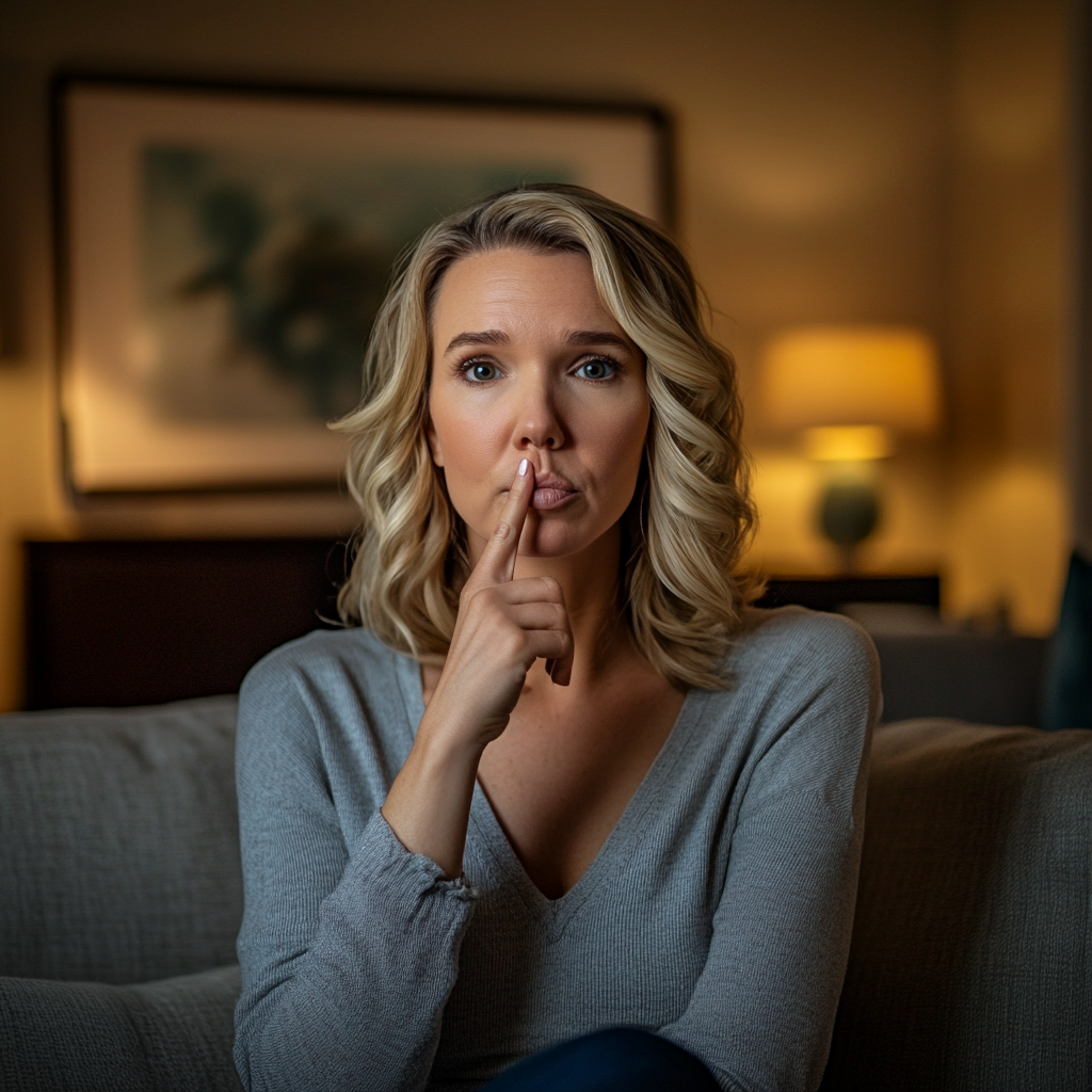 A woman placing a finger to her lips, making a "shush" motion | Source: Midjourney