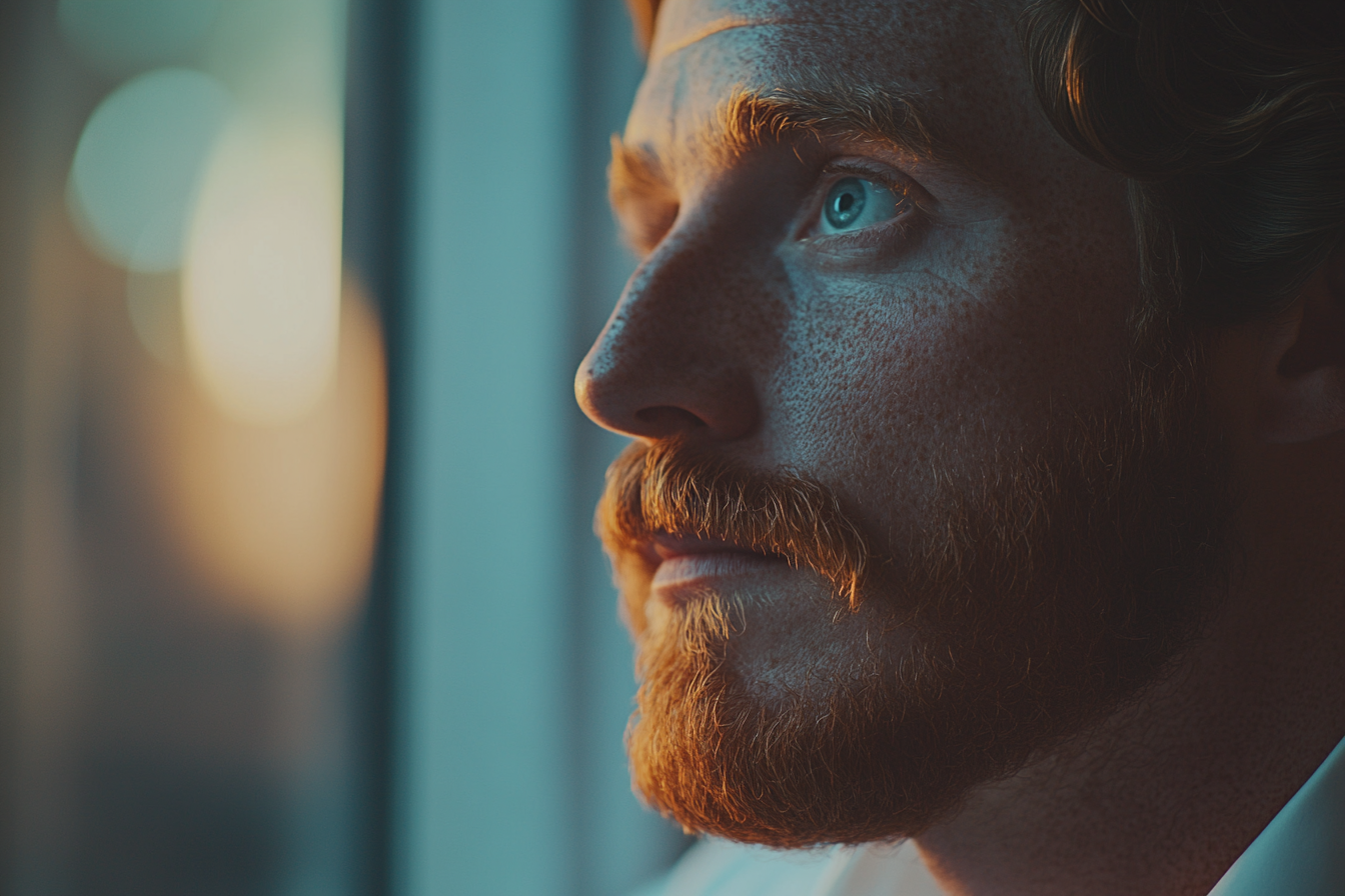 A close-up shot of a man looking outside a window | Source: Midjourney