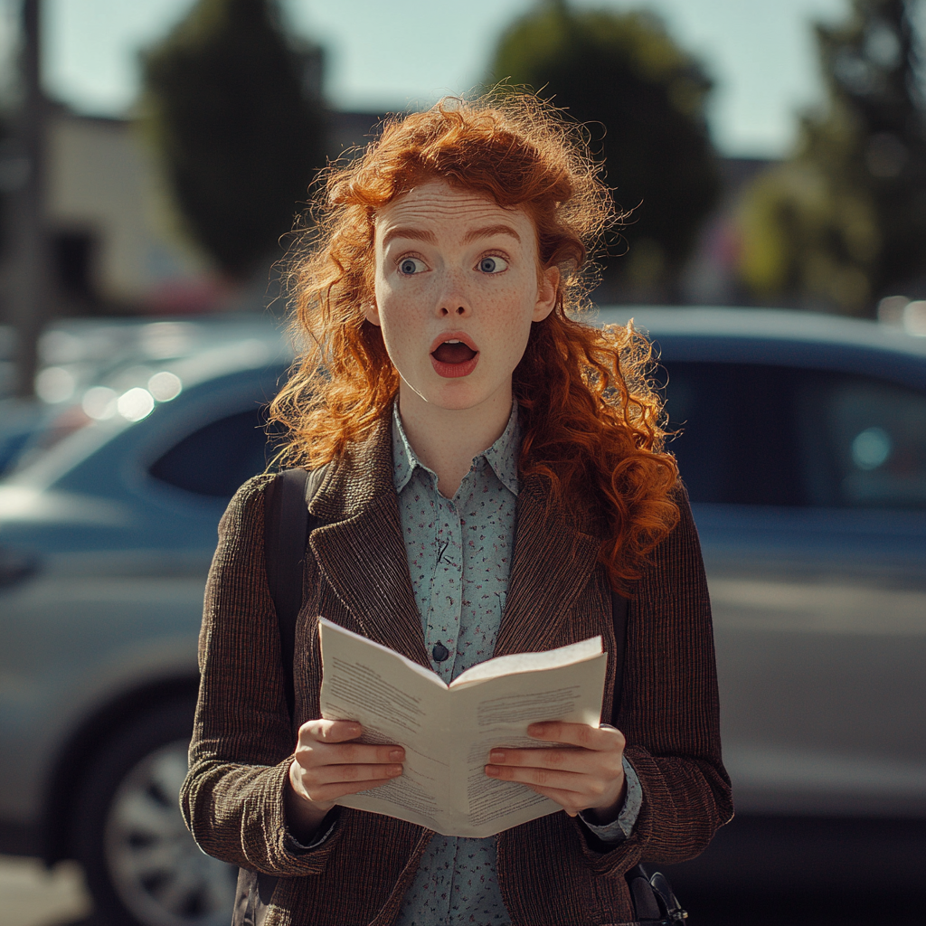 A shocked woman with a note on a parking lot | Source: Midjourney