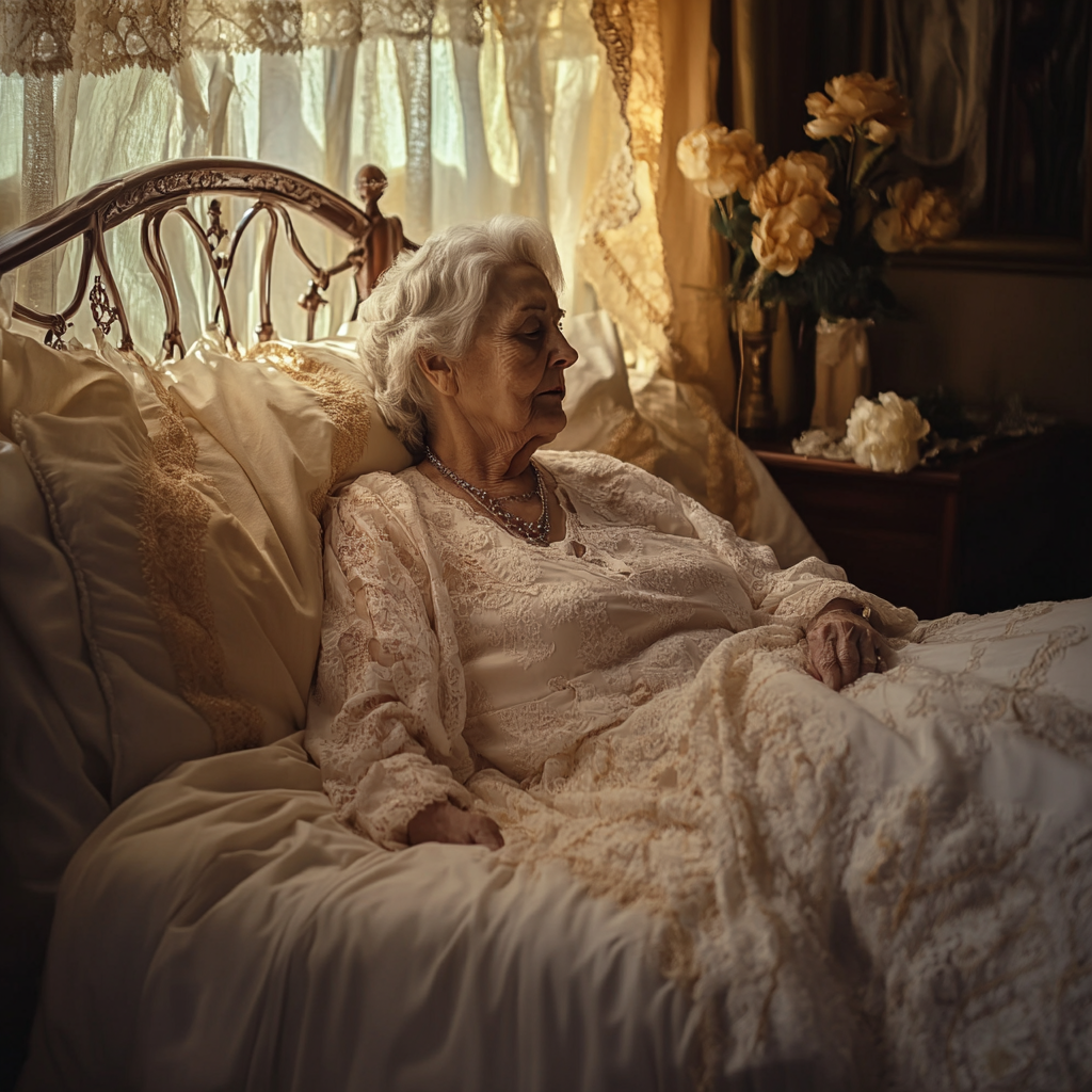 Wealthy senior woman seated on her bed | Source: Midjourney