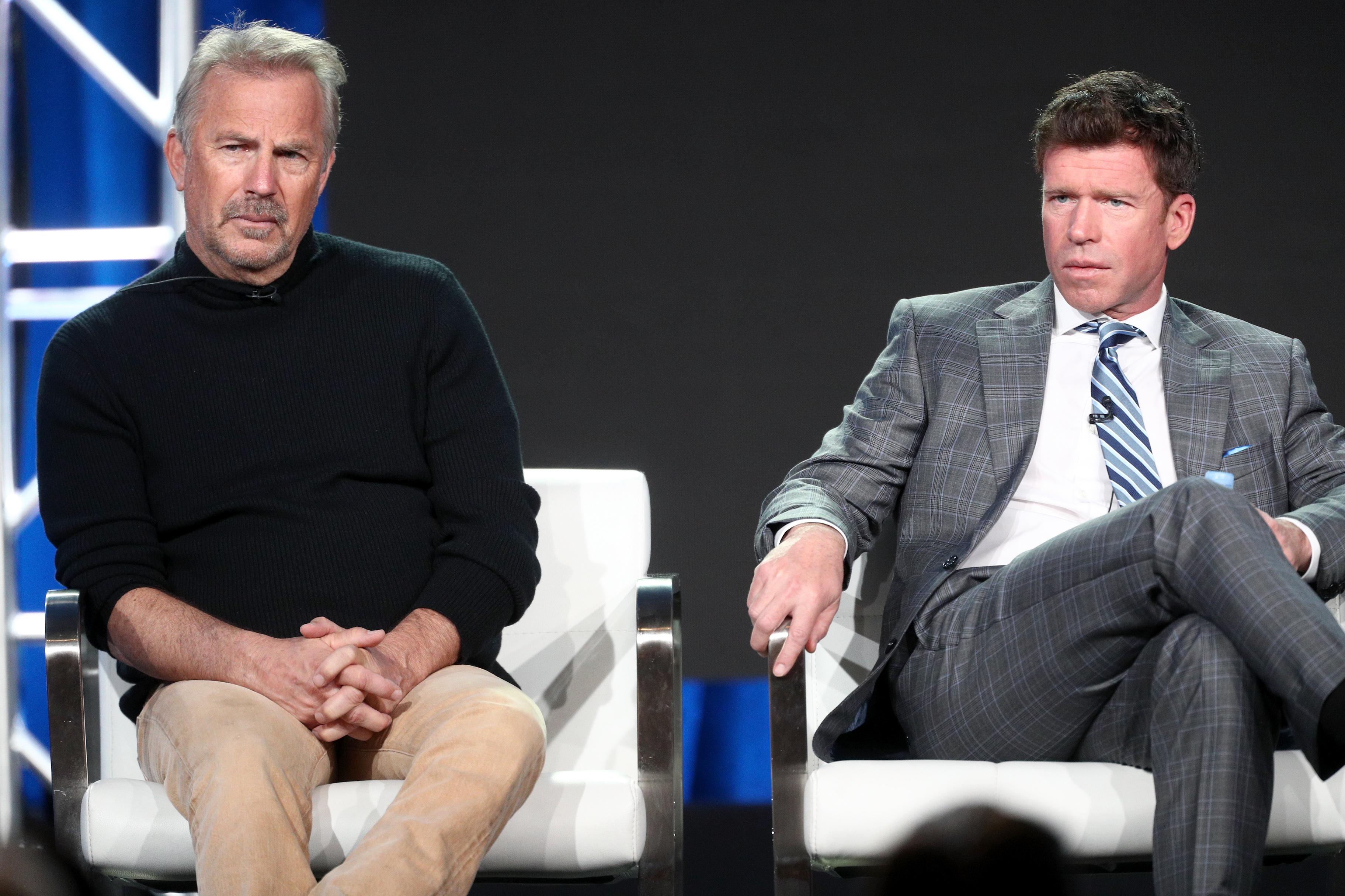 Kevin Costner and Taylor Sheridan at the 2018 Winter Television Critics Association Press Tour in Pasadena, California on January 15, 2018 | Source: Getty Images