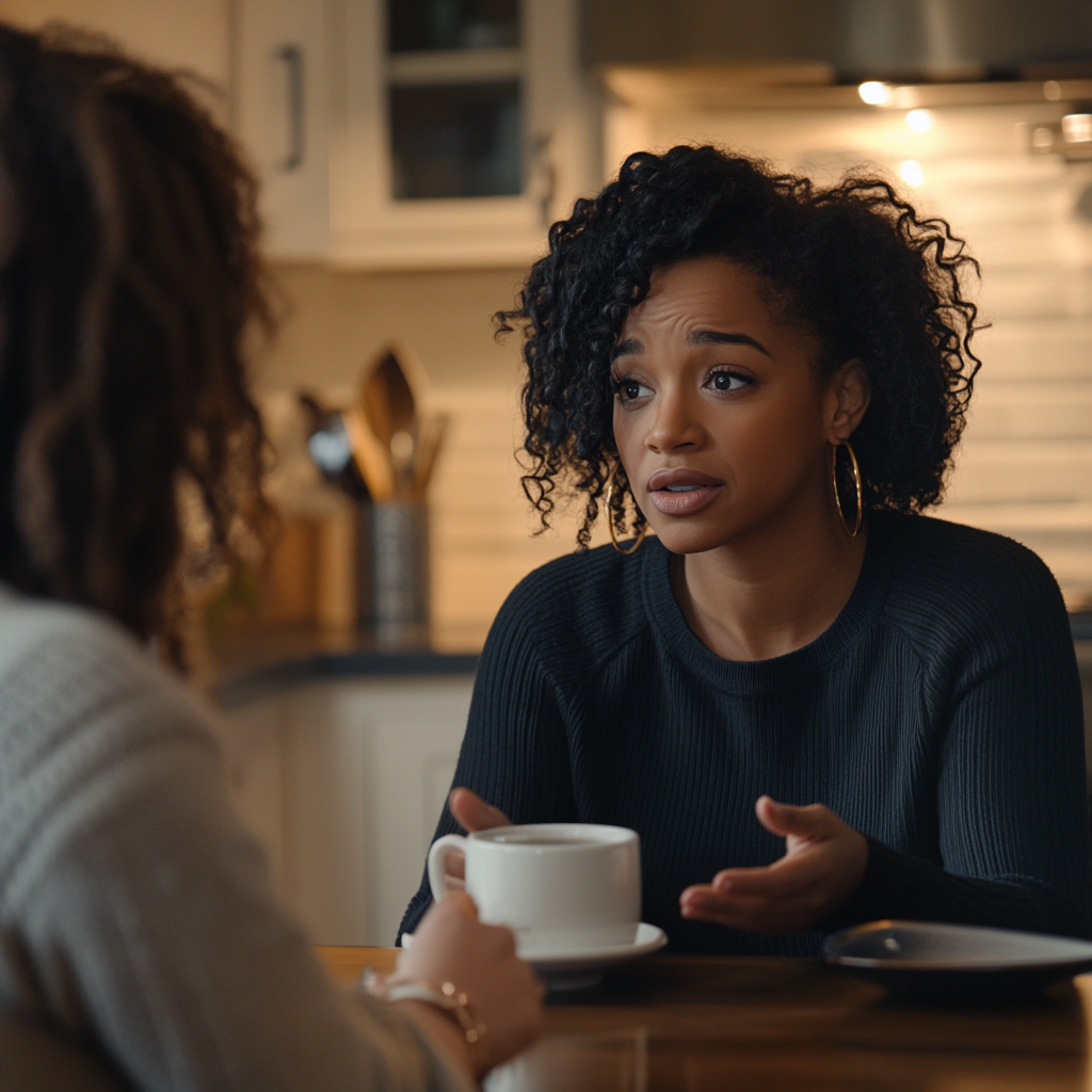 A black woman talking to her friend while having tea at her house | Source: Midjourney