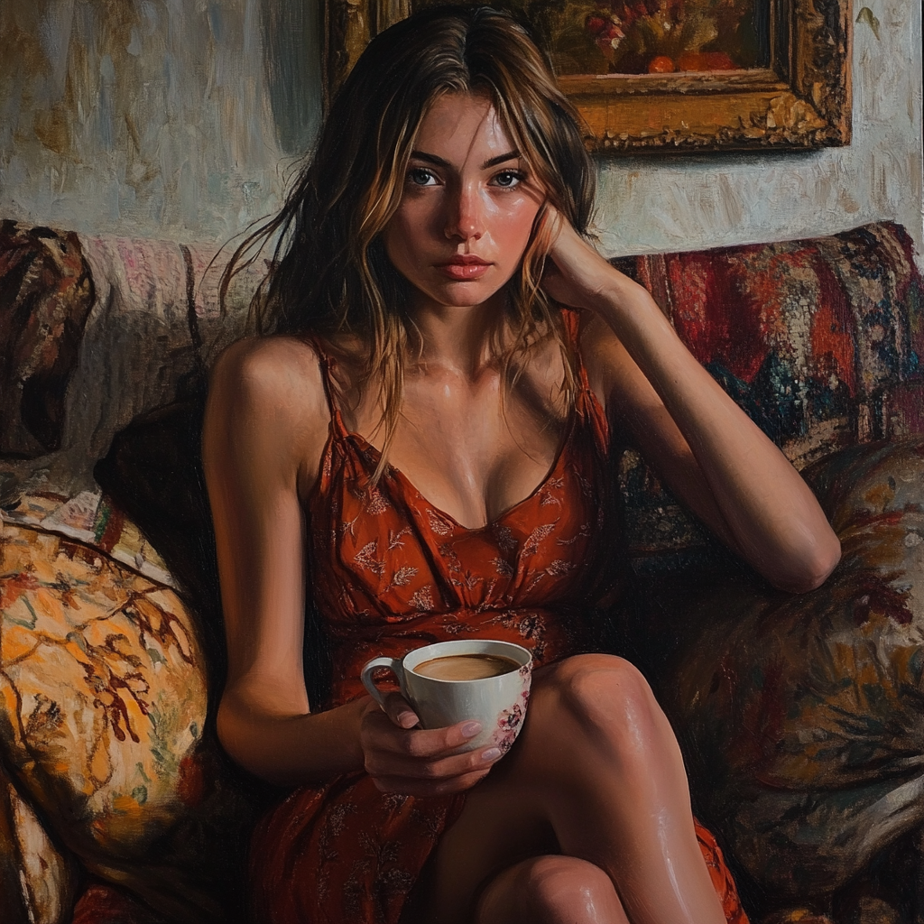 Young lady holding a cup of coffee | Source: Midjourney