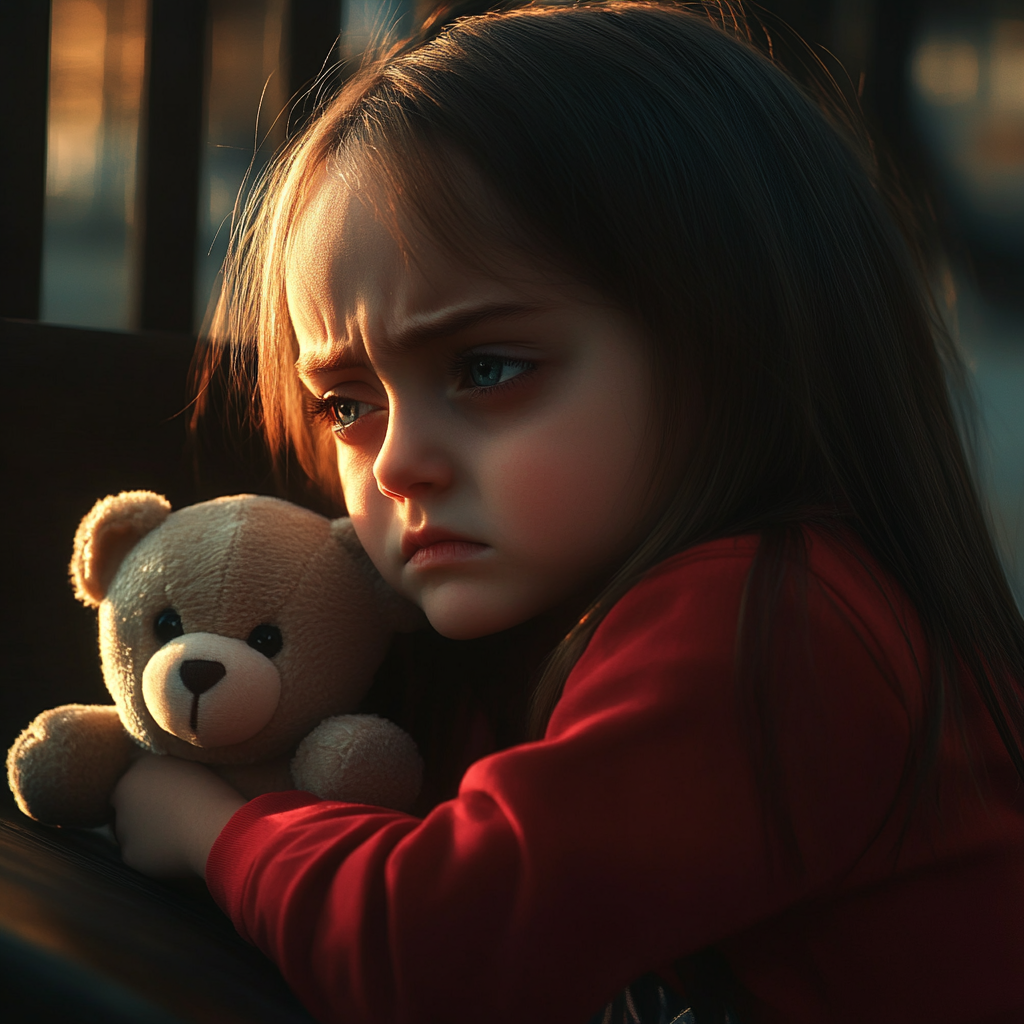 A sad little girl holding a teddy bear | Source: Midjourney