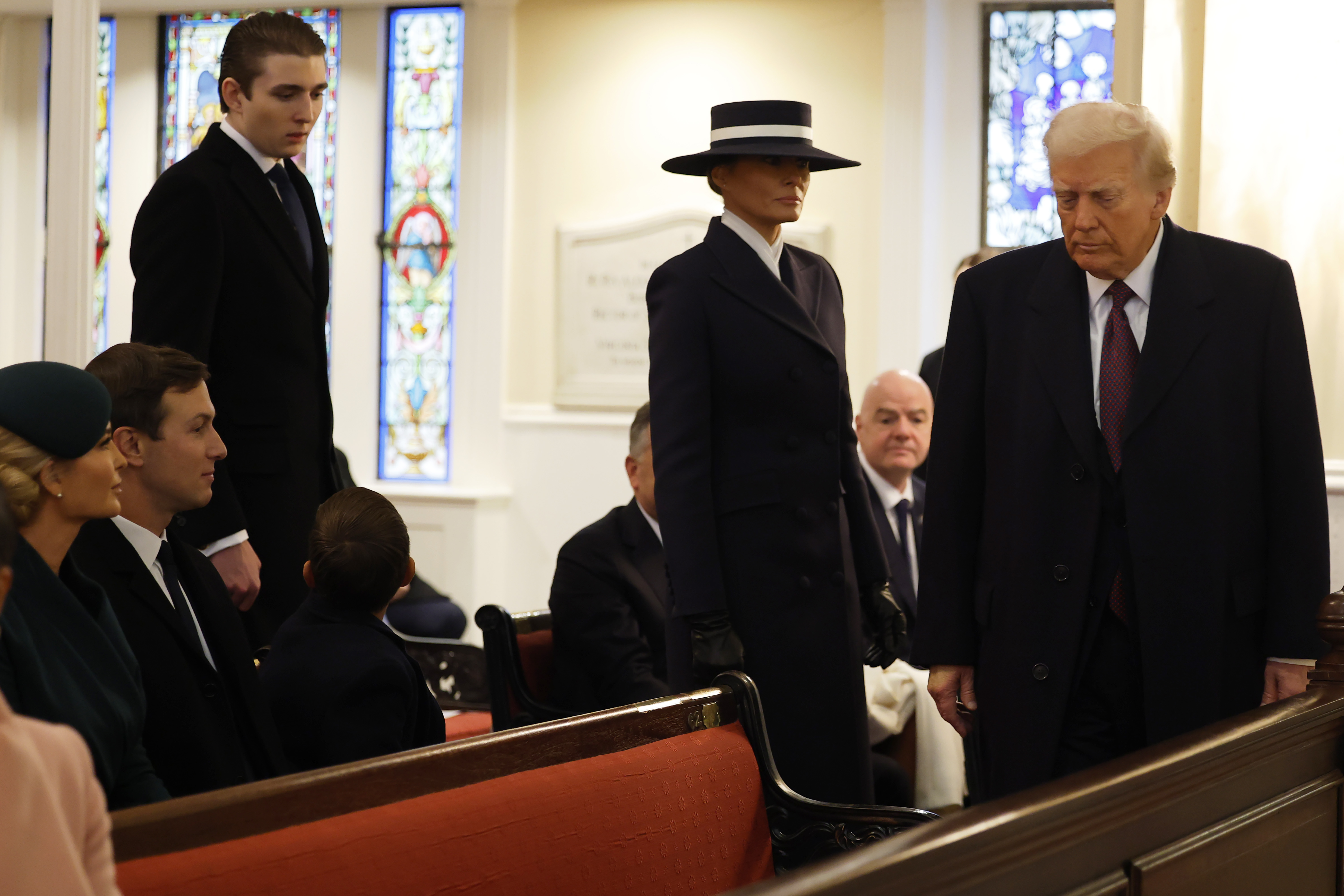 Baron Trump, Melania Trump, and Donald Trump arrive for services at St. John's Church as part of the Inauguration ceremonies in Washington, DC, on January 20, 2025 | Source: Getty Images