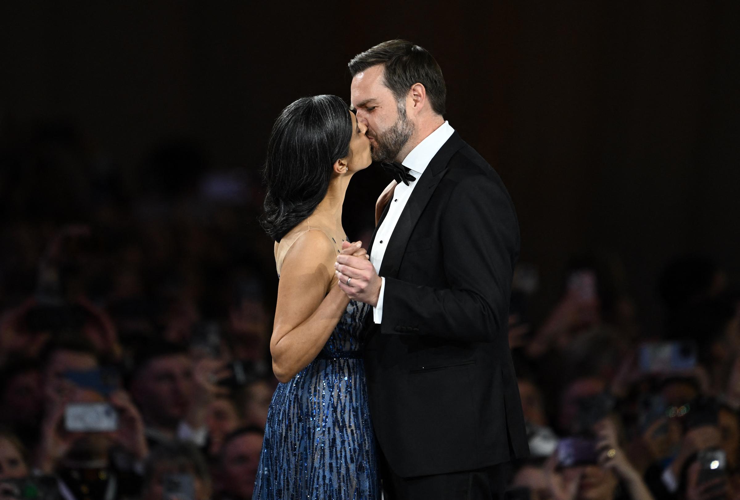 US Vice President J.D. Vance and his wife Usha kiss while dancing during the Commander-In-Chief inaugural ball | Source: Getty Images