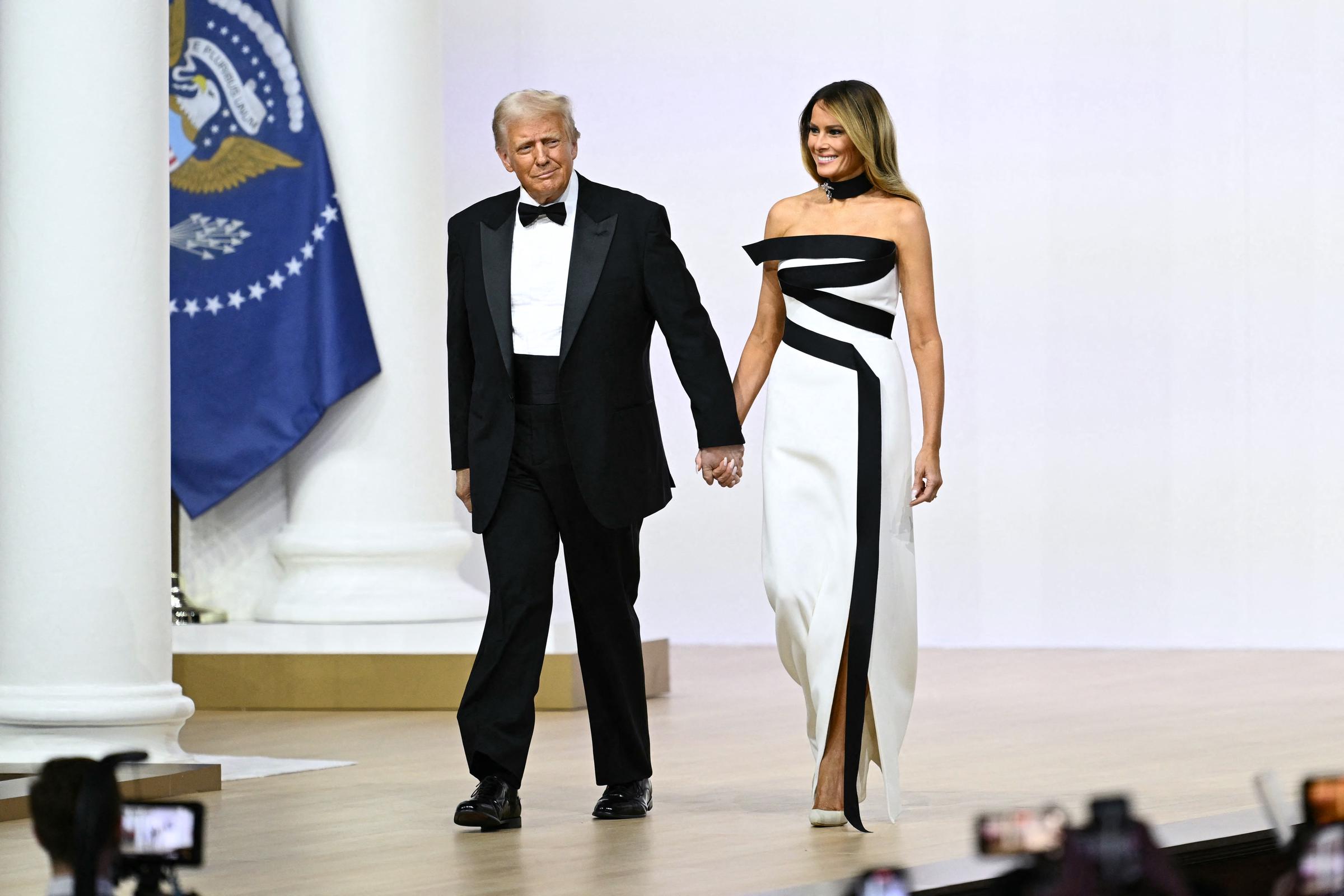 Donald and Melania Trump arrive at the Commander-In-Chief inaugural ball at the Walter E. Washington Convention Center in Washington, DC, on January 20, 2025 | Source: Getty Images