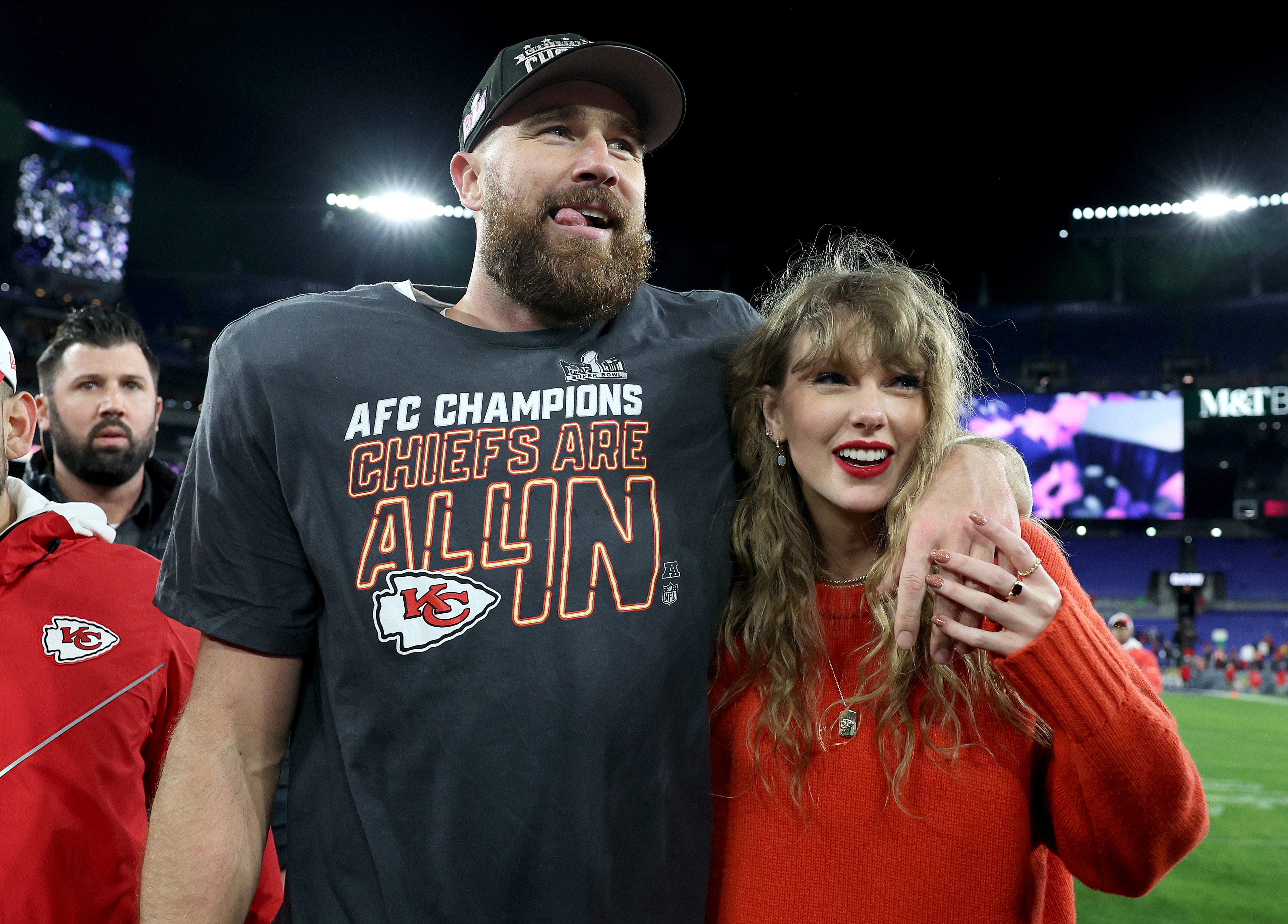 Travis Kelce #87 of the Kansas City Chiefs celebrates with Taylor Swift after a 17-10 victory against the Baltimore Ravens on January 28, 2024, in Baltimore, Maryland | Source: Getty Images