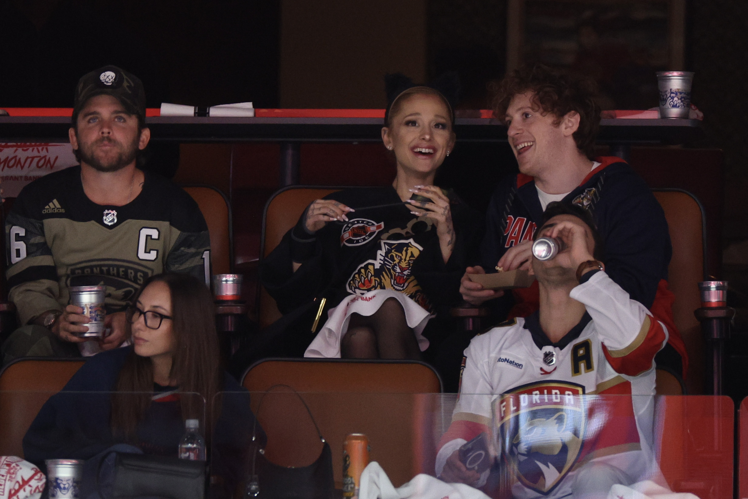 Ariana Grande and Ethan Slater look on prior to Game One of the 2024 Stanley Cup Final between the Florida Panthers and the Edmonton Oilers on June 8, 2024 | Source: Getty Images