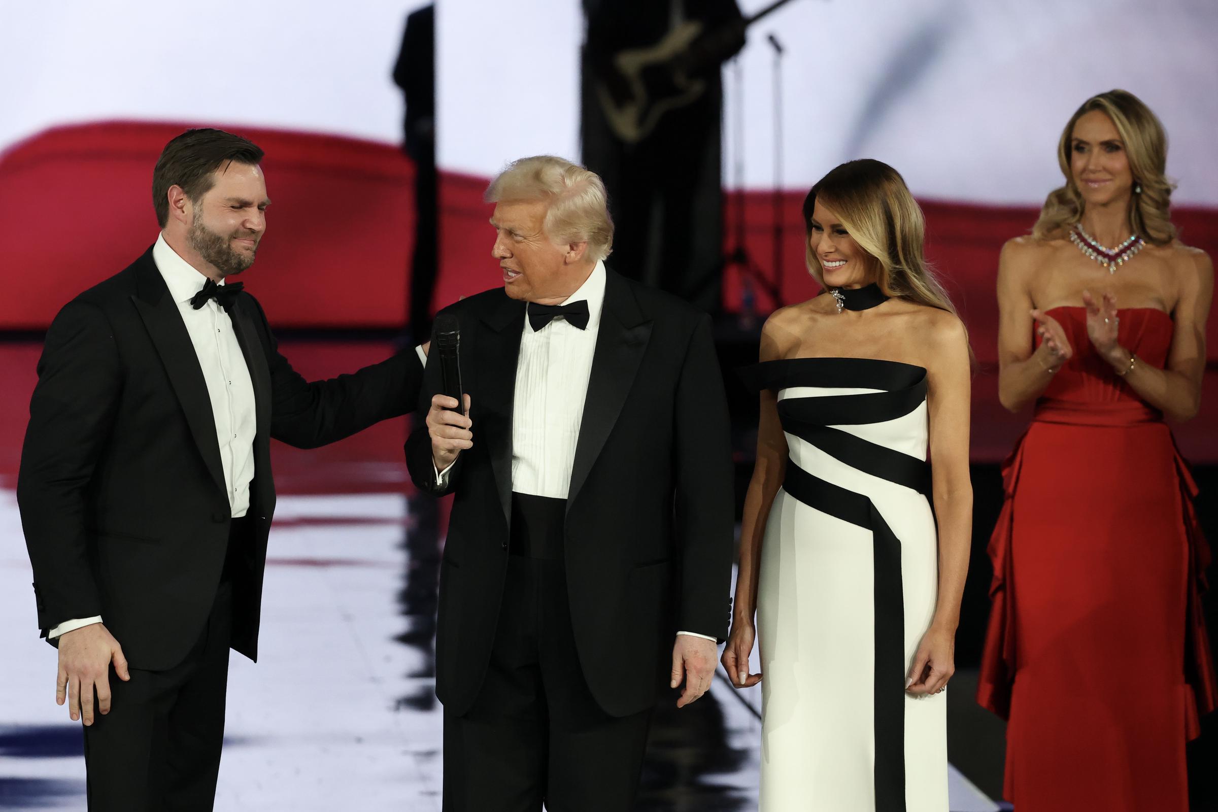 JD Vance, Donald, Melania, and Lara Trump on stage at the Liberty Inaugural Ball on January 20, 2025 | Source: Getty Images